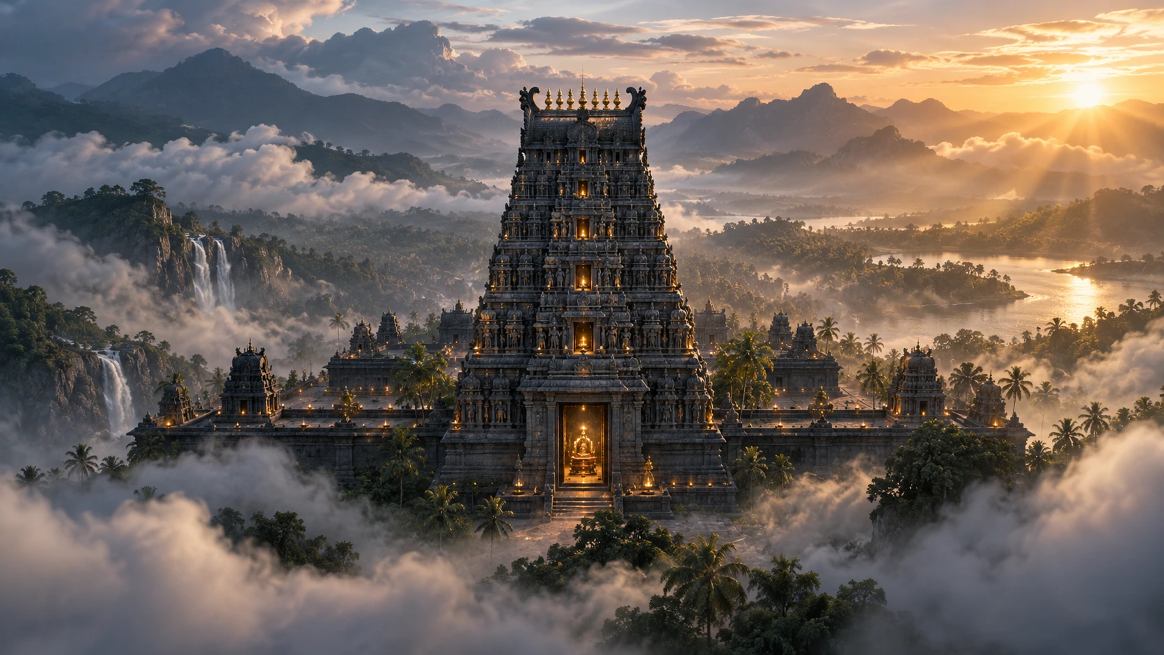 A carved temple tower rising above golden clouds