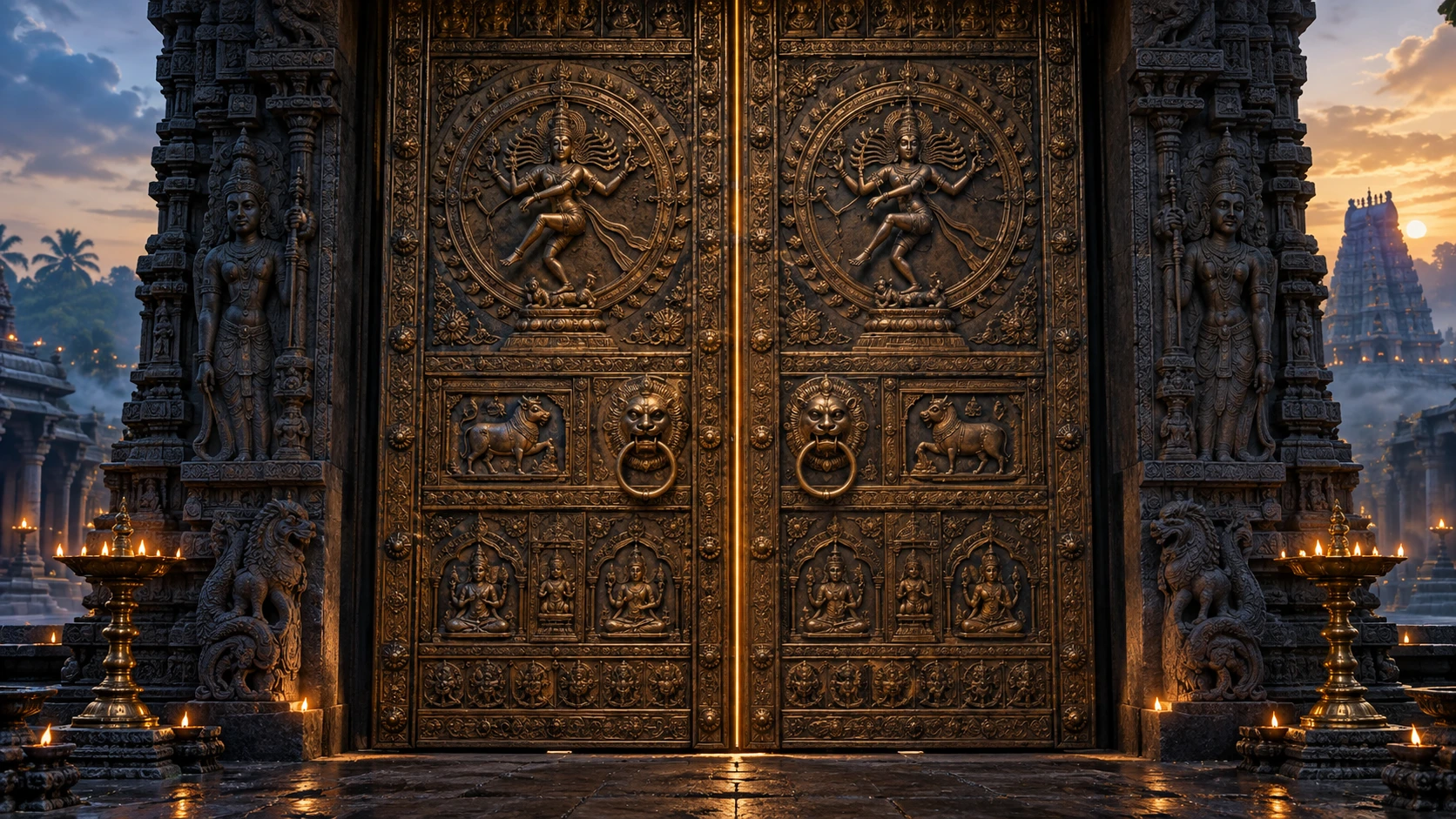 Closed sculpted bronze doors at the temple entrance