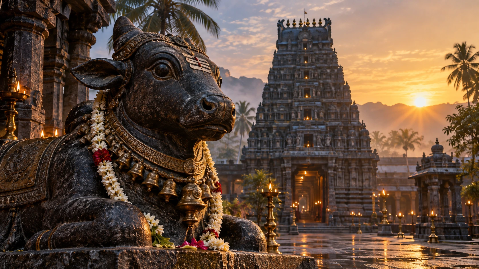 Ornamented Nandi statue overlooking a temple at sunset