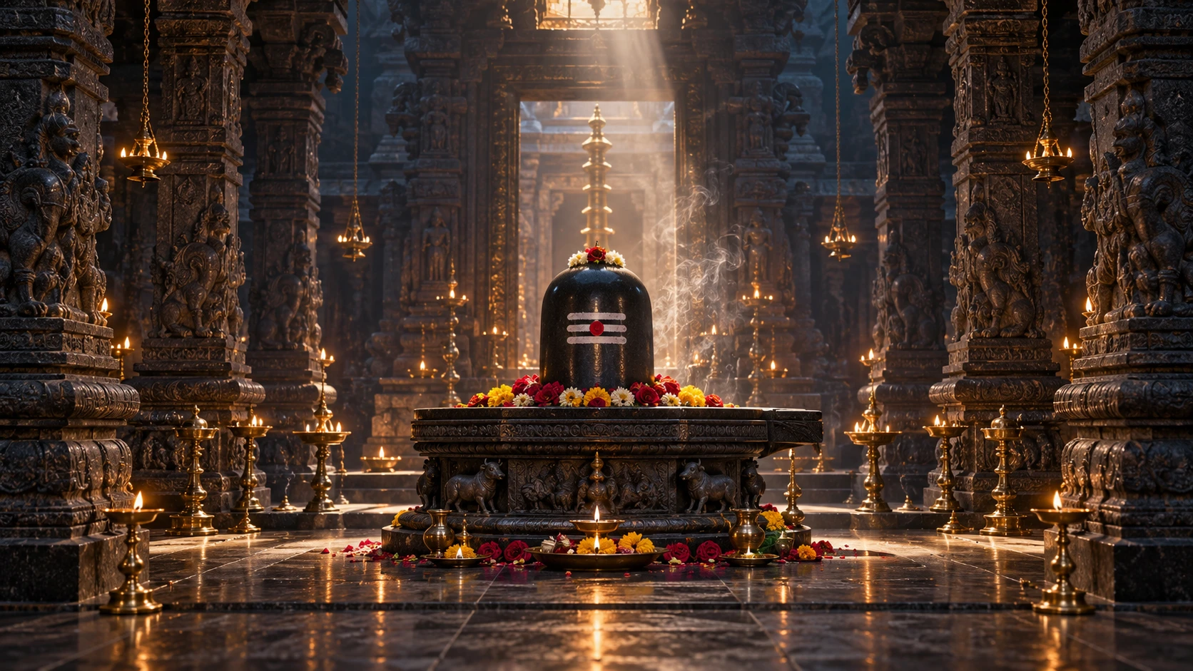 Shiva Lingam with flowers, brass lamps and warm shafts of light