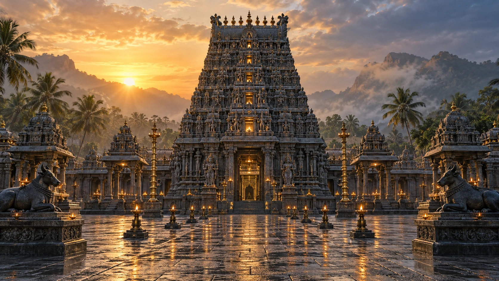 An ornate temple courtyard with lamps at sunset